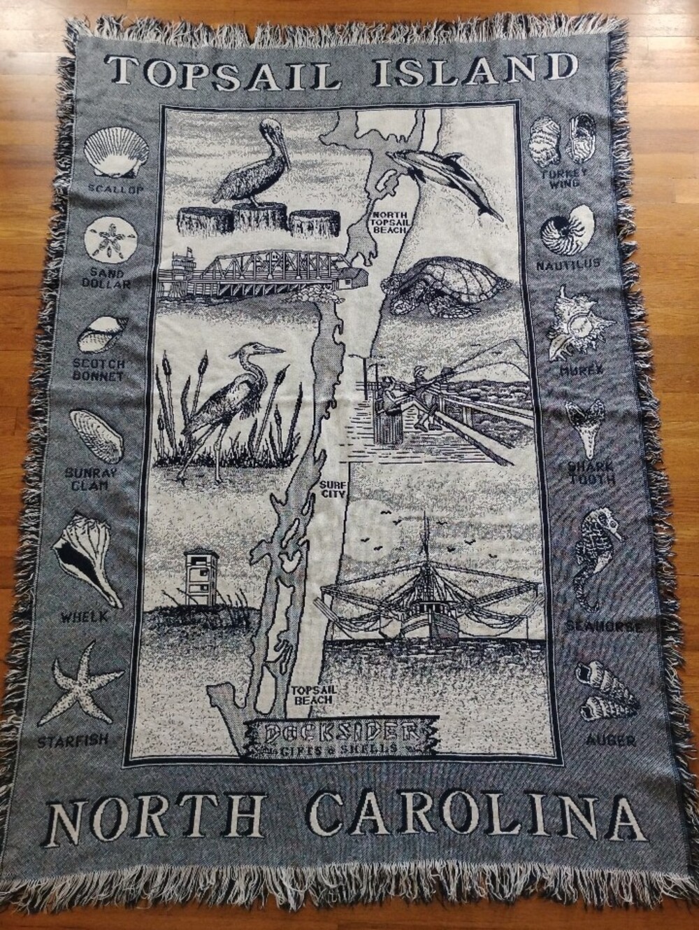 North Carolina Topsail Island Docksider Blanket (60" x 48") fringe nautical navy